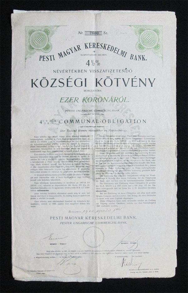 Pesti Magyar Kereskedelmi Bank kzsgi ktvny 1000 korona 1900